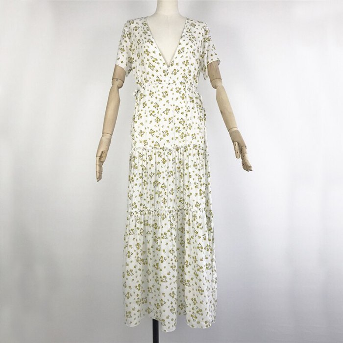 Summer Deep V Neck Long Maxi Floral Dress for Women White Beach Boho Ruffle Dresses Bohemian Hippie Viscose Dress