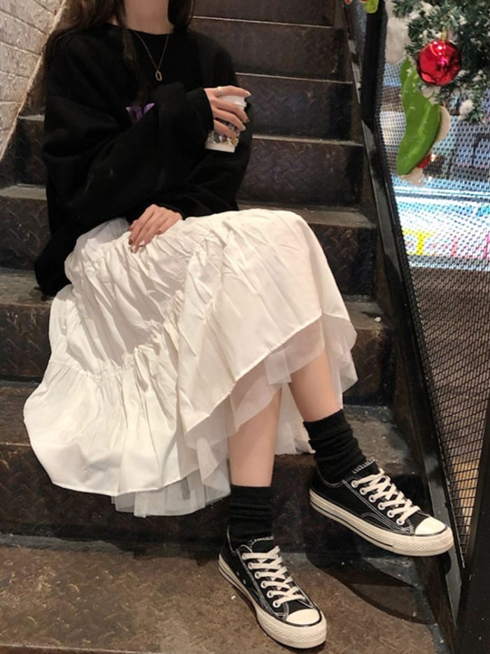 Long Skirts For Women's Skirts Harajuku Korean Style White Black Maxi Skirt For Teenagers High Waist Skirt School Skirts