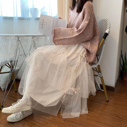 Ladies Elastic High Waist Women Tulle Skirt Solid Spring Summer Holiday Casual Soft Mesh s Womens Long  Female