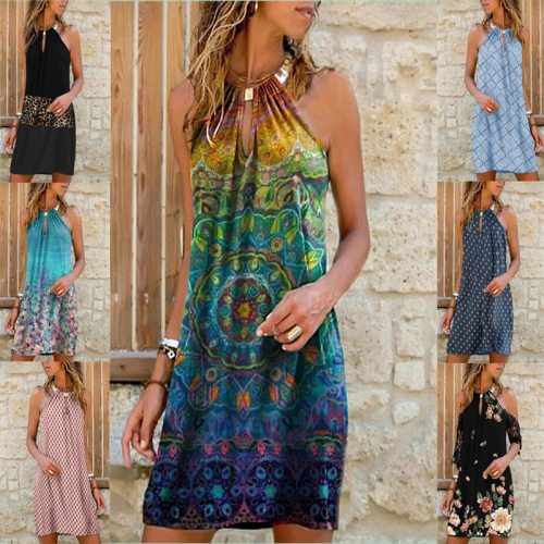 Women Sexy leopard Dress Backless Sleeveless Hang Neck Printed Dress Summer Loose Dress For Lady Flower Dresses 10 styles