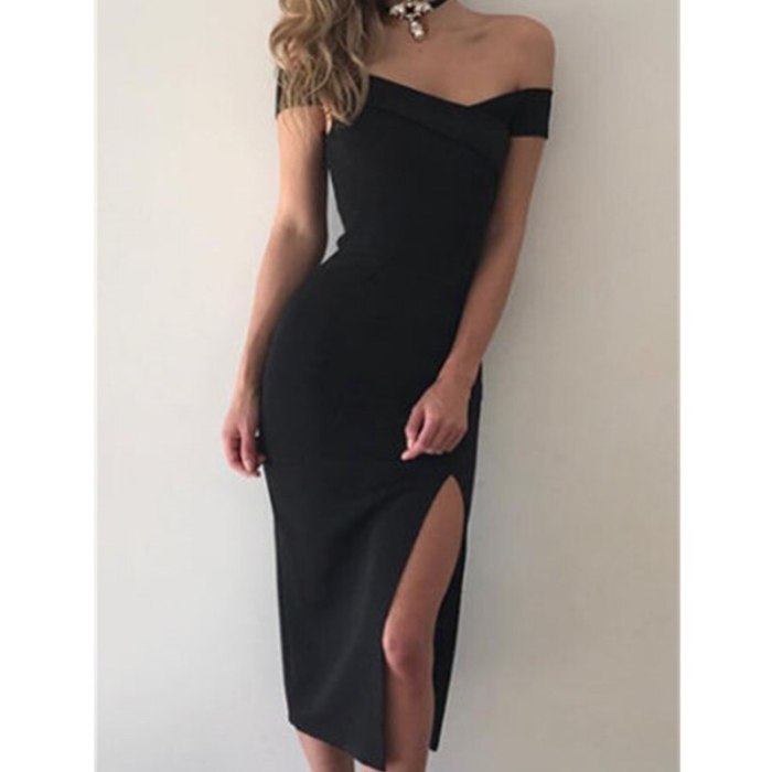 New Women's Sexy Off Shoulder Skinny Dress Summer Casual High Wsist Bodycons Ladies Split Vestido Evening Party Solid Midi Dress