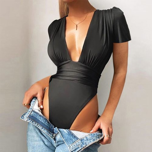 Deep V Neck High Cut Skinny Women Romper Sgort Sleeve Solid Pleated Sexy Jumpsuits Overall