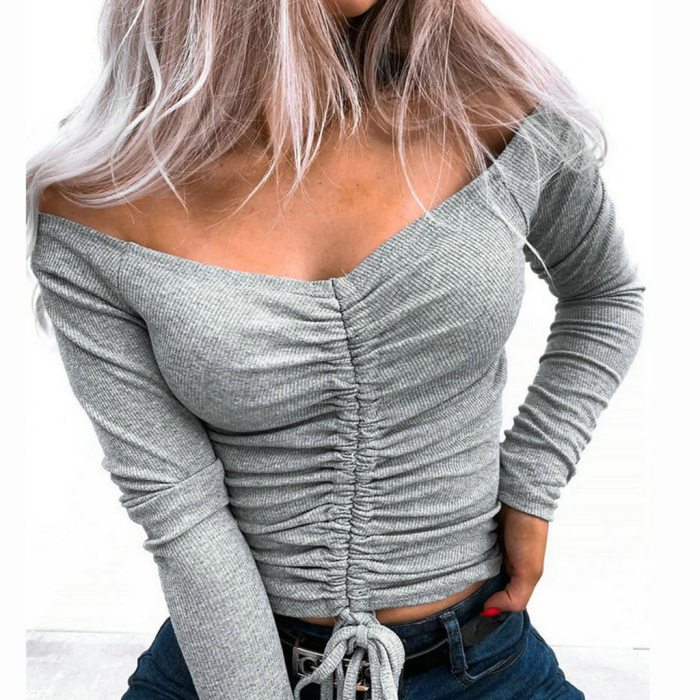 Women Autumn Sexy Solid V Neck Drawstring Design Long Sleeve Blouse Tops Drawstring off shoulder top roupa feminina