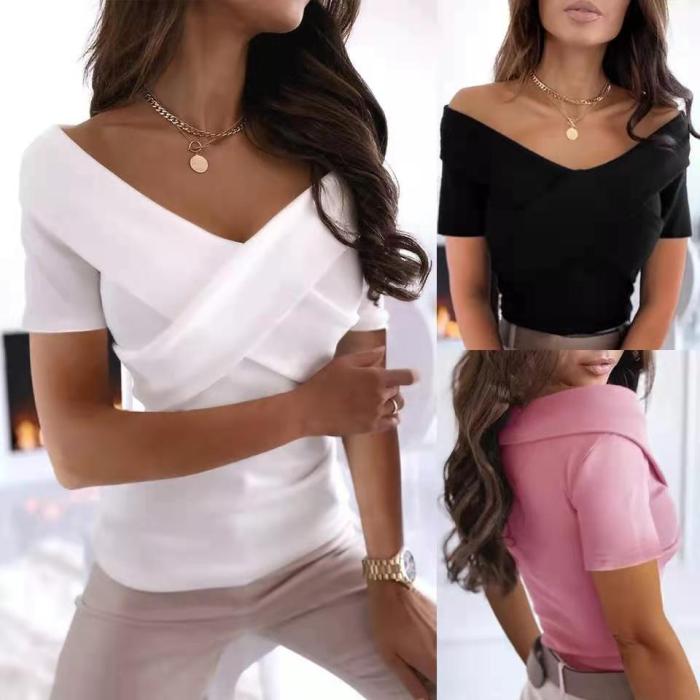 2021New Fashion Women Summer Solid Color T-Shirts Cross Patchwork Design V-Neck Short Sleeve Slim Pullovers Top