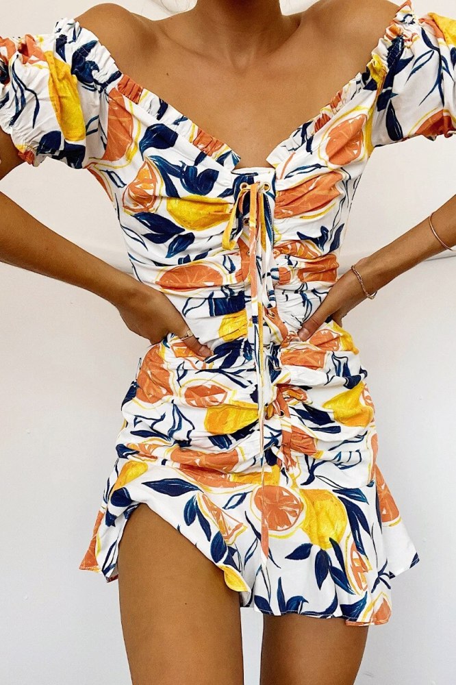 2021 Summer New Short Sleeve V-Neck Drawstring Ruffles Dress Sexy Off Shoulde Backless Slim Casual Women Print Beach Mini Dress
