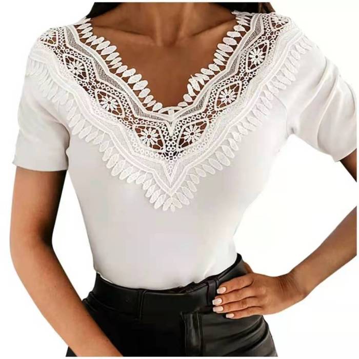 2021 Fashion Lace Sexy Women'S Shirts Solid Short Sleeve Summer  Hollow Out Patchwork Casual Tunic Tops Women Clothing