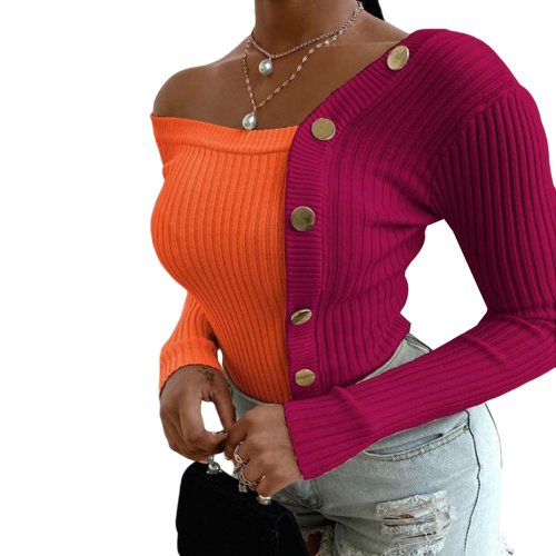 Women Fashion Elegant Knitted tops Long sleeve Cold Shoulder Sexy Casual Slim Buttons Top Femme Ladies Solid Sweater Fall Spring