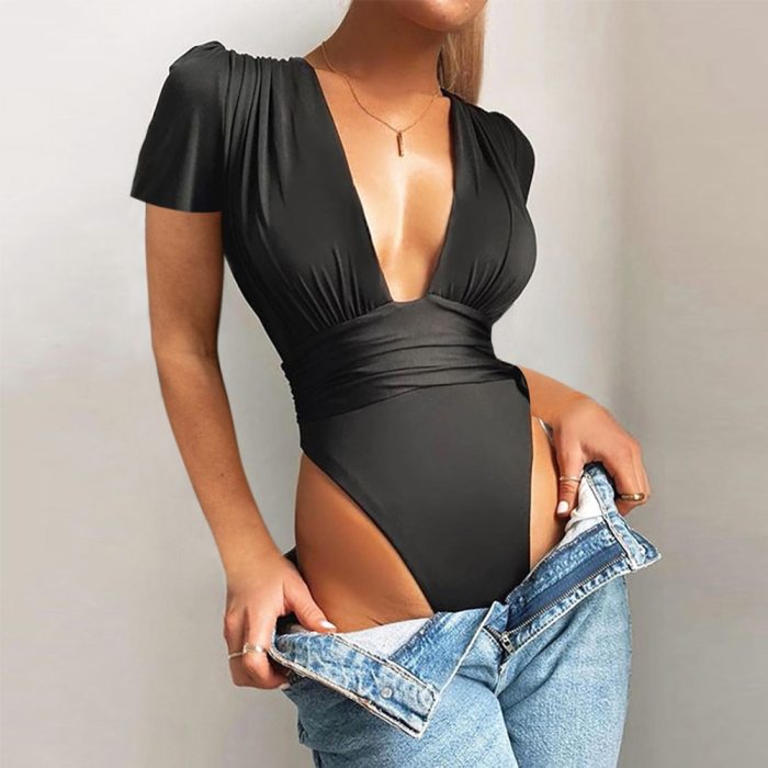 Deep V Neck High Cut Skinny Women Romper Sgort Sleeve Solid Pleated Sexy Jumpsuits Overall