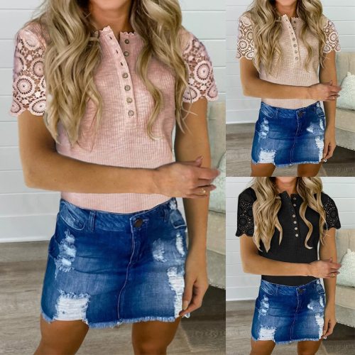 2021 Elegant Lace Slim T-Shirt Women Summer Short Sleeve Top Solid Color Knitted Tee Shirt Femme Patchwork Button Tops