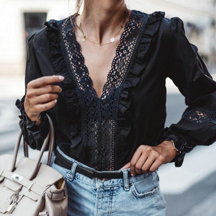 Women Lace Hollow Long Sleeve Button Down Autumn Classic Fit Shirt OL Floral Loose Lapel Blouse Casual Tee Tops