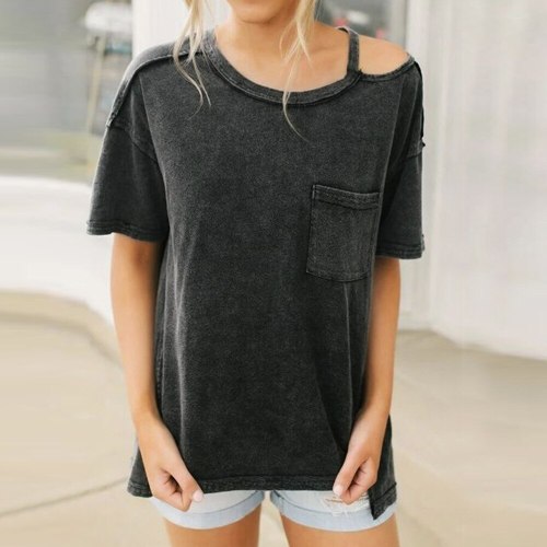 2021 Fashion Women Solid T-Shirts One Shoulder Design Pocket Decor O Neck Short Sleeve Summer Casual Loose Tee Shirt