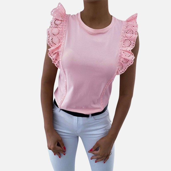 Hollow Out Lace Summer Women T Shirt O-Neck Patchwork Slim T-Shirt Female Black White Pink 2021 Fashion Casual Solid Women's Top