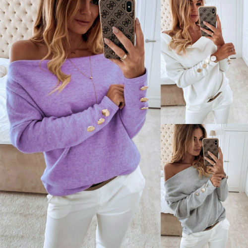 Women Off-Shoulder T-Shirt Ladies Solid Color Button Long Sleeve Autumn Winter Warm Casual Loose Tops