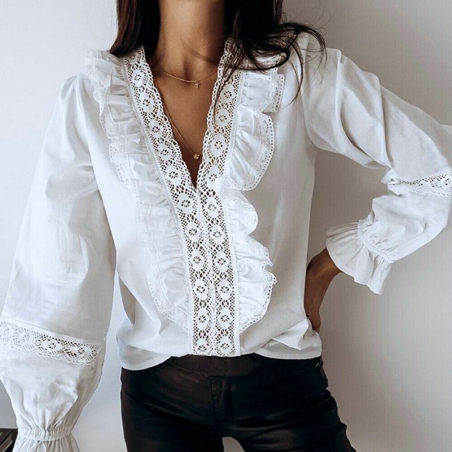 Women Lace Hollow Long Sleeve Button Down Autumn Classic Fit Shirt OL Floral Loose Lapel Blouse Casual Tee Tops