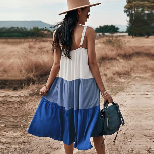 Spaghetti Strap Dress Women Casual Patchwork Color Loose Sling Dresses For Woman Sexy Sleeveless Summer Dress 2021 Blue Vestidos