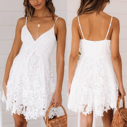Womens Sexy Tassel Dress Backless Sleeveless V-neck Lace Hollow Out Mini Pattern Hollow Dress Dot Bodycon
