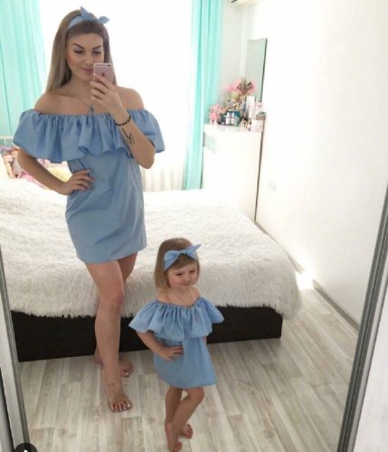 Mom Mommy and Me Clothes Off Shoulder Women Girls Dress Outfits Family Set Boat Neck Mother Daughter Matching Dresses Ruffled