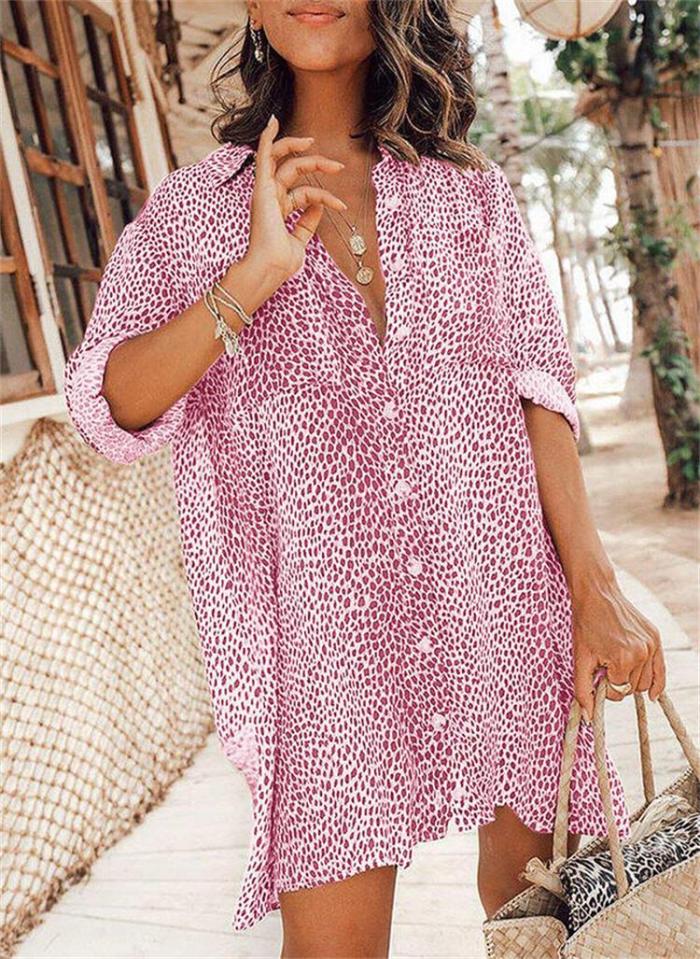 2021 Summer Women Shirts Dress Loose Long Sleeve Button Up Mini Dress Leopard Printed Oversized Vestidos Casuales Beach Dresses