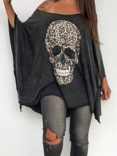 Punk Style T-shirt Women Casual Loose Slash Neck Off Shoulder Skull Print Batwing Sleeve Tops Tees  2021 Summer shirt Plus Size