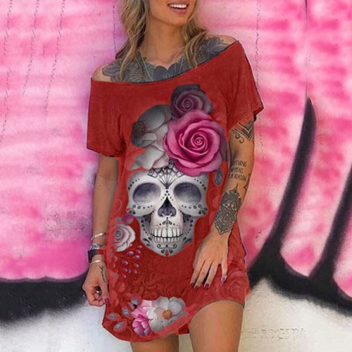 2021 Goth Flower Skull Rose Print Off Shoulder Mini Dress Women Graphic Punk Grunge Loose Short Sleeve Dresses Summer Y2K Tops