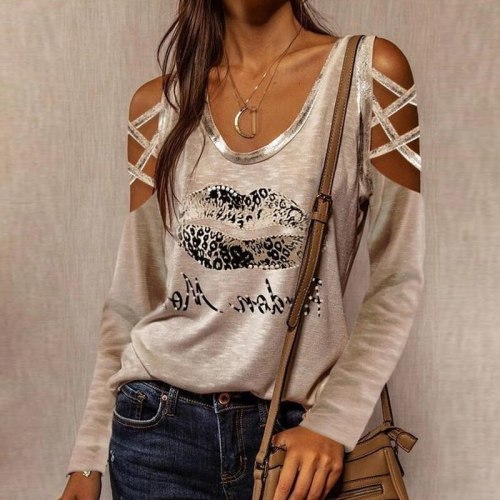 Sexy Hollow Out Long Sleeve Blouses Shirts Casual O-Neck Off Shoulder Pullover Tops Women Fashion New Lip Print Shirt Blusas 3XL