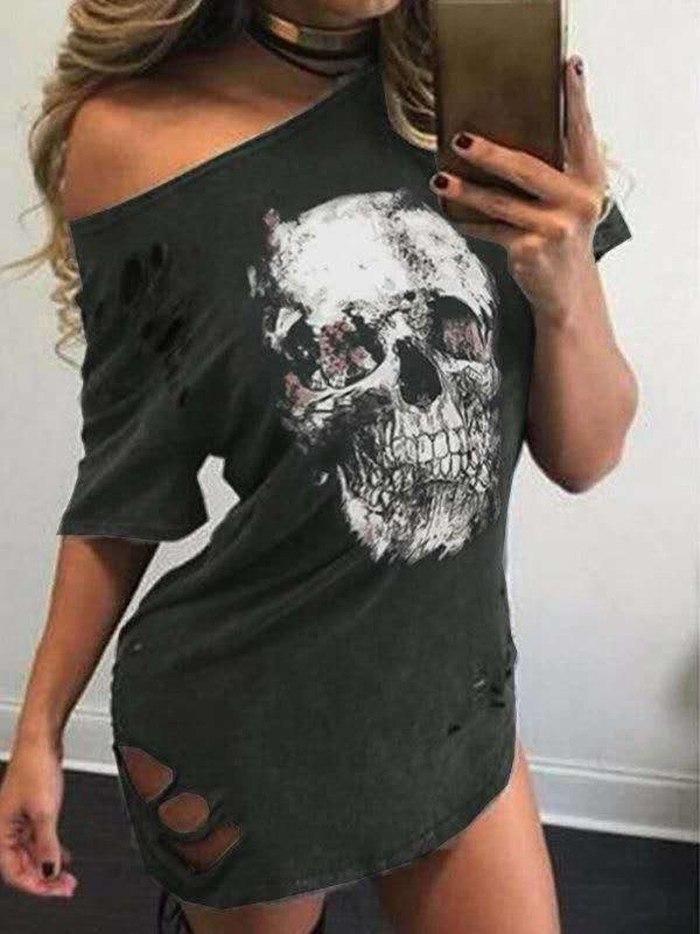 Casual Punk Style Skull Print T Shirts Summer Women Loose Slash Neck Off Shoulder Hole Tops Tees 2021 Femme Tshirt Plus Size 3XL