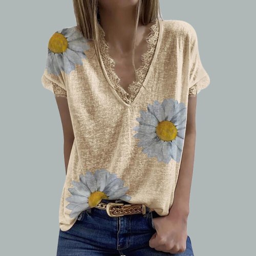 Summer Elegant Flower Stars Printed Blouses  Fashion Lace V Neck Short Sleeve Loose Tops Casual Women Patchwork Shirts Blusa 3XL