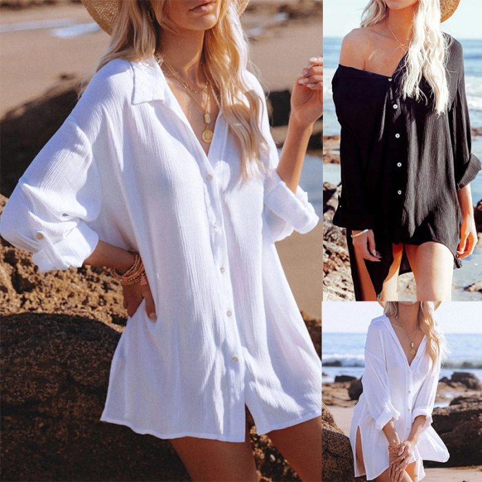 2021 Spring And Summer Women'S New Lazy Beach Blouse Mid-Length Loose Shirt Hot Sale