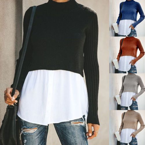 Women Autumn 2 In 1 Patchwork Pullover Tops Ribbed Knitted Long Sleeve Sweater Button Down Layered Shirt Office Lady Jumper