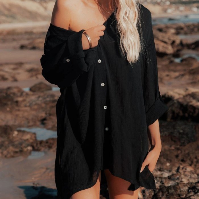 2021 Spring And Summer Women'S New Lazy Beach Blouse Mid-Length Loose Shirt Hot Sale