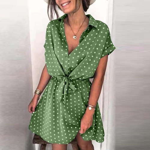 Summer Elegant Polka Dot Print Mini Dress 2021 Fashion Turn-Down Button Party Dress Women Casual Short Sleeve Lace-Up Belt Dress