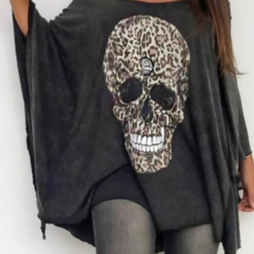 Punk Style T-shirt Women Casual Loose Slash Neck Off Shoulder Skull Print Batwing Sleeve Tops Tees  2021 Summer shirt Plus Size