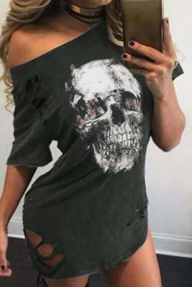 Casual Punk Style Skull Print T Shirts Summer Women Loose Slash Neck Off Shoulder Hole Tops Tees 2021 Femme Tshirt Plus Size 3XL