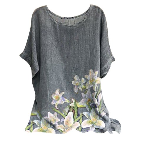Fashion Summer Tops For Women 2021 Woman Vintage Cotton-blend O-neck Short Sleeve Floral Print Top T-shirts Футболка