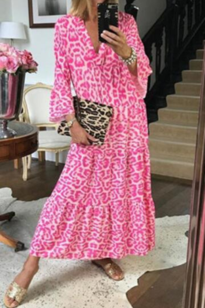 Leopard Women's Dress Half Sleeve Pink Casual Maxi Dress Woman Spring Ruffles Long Dresses for Women 2021 Party Robe Femme New