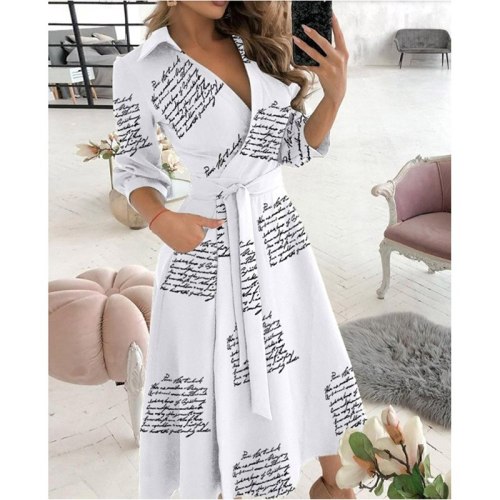 Sashes Summer Dress Women Casual Long Sleeve Woman Dress Loose A-Line Print Maxi Shirt Dresses for Women 2021 robe femme