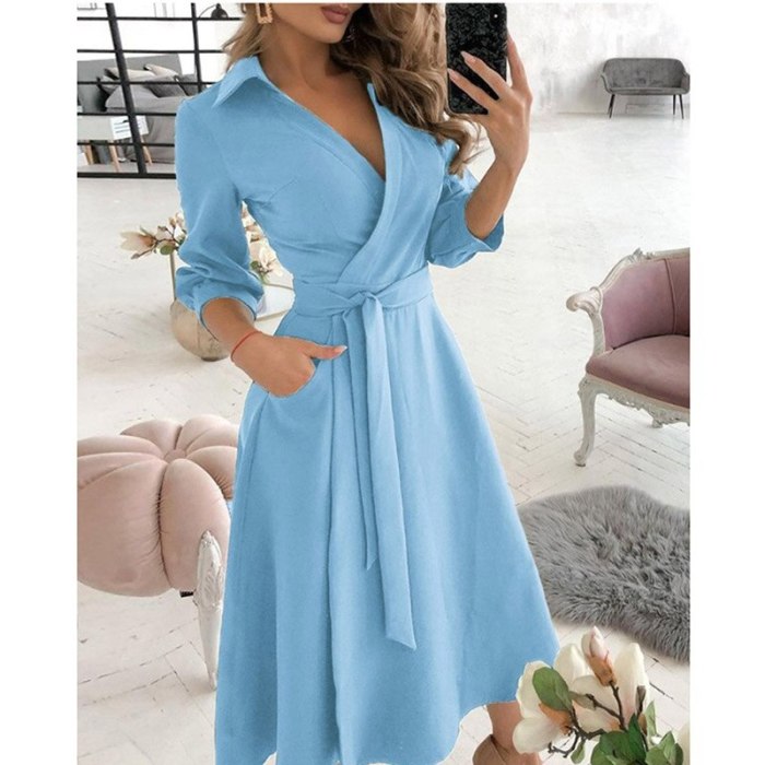 Sashes Summer Dress Women Casual Long Sleeve Woman Dress Loose A-Line Solid Maxi Shirt Dresses for Women 2021 robe femme