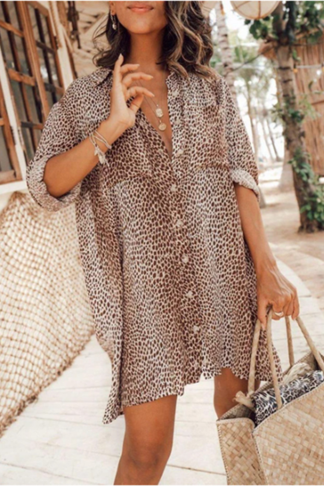 2021 Summer Women Shirts Dress Loose Long Sleeve Button Up Mini Dress Leopard Printed Oversized Vestidos Casuales Beach Dresses