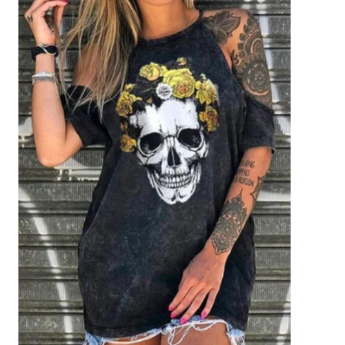 Casual Plus Size T Shirts 2021 Women Loose Sexy Off Shoulder Skull Print Punk Style Tops Daily Casual Femme Tees Top Tshirt 3XL