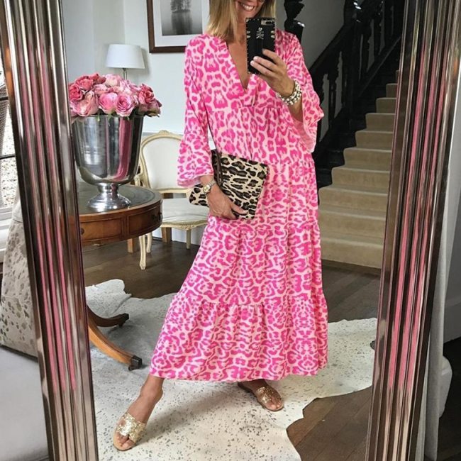 Leopard Women's Dress Half Sleeve Pink Casual Maxi Dress Woman Spring Ruffles Long Dresses for Women 2021 Party Robe Femme New