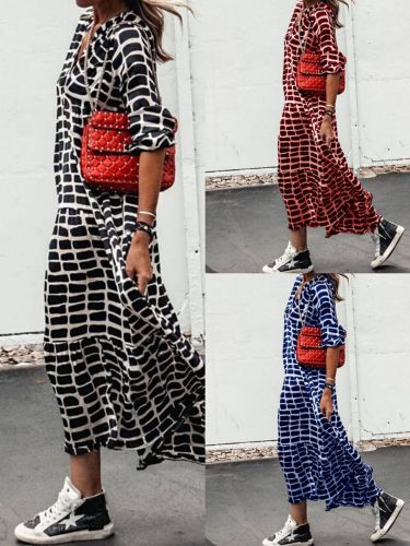Ladies Long Sleeve Loose Maxi Dress Summer Retro Boho Plus Size Printing Long Sleeves Dresses For Women