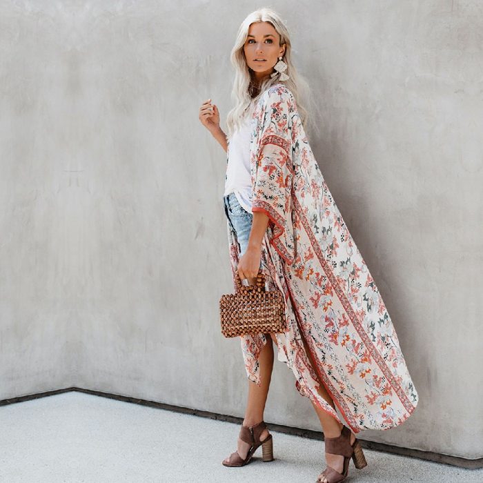 2021 Elegant Floral Print Full Sleeve Long Kimono Plus Size Street Wear Summer Clothing For Women Tops and Blouses Shirts A829