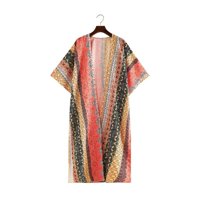 2021 Bohemian Striped Half Sleeve Front Open Long Kimono Plus Size Summer Clothing Streetwear Women Tops and Blouses Shirts A795