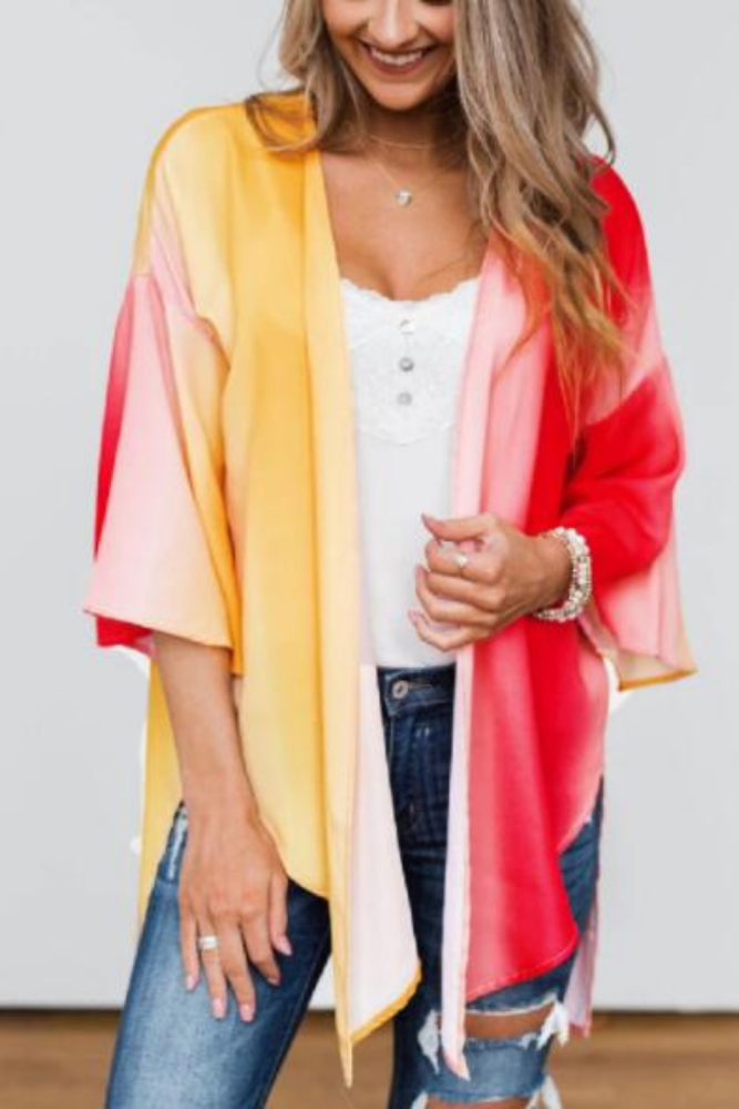 2021 Boho Tie Dye 3/4 Sleeve Front Open Short Kimono Plus Size Vintage Summer Clothing For Women Tops and Blouses Shirts A823