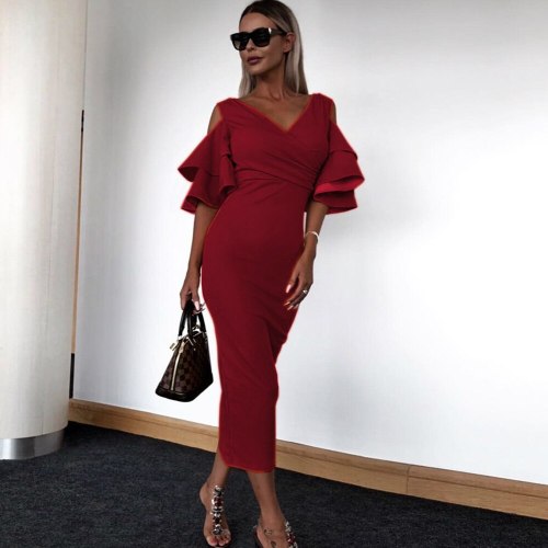 Women's Deep V Neck Butterfly Sleeve Slim Solid Color Sexy Sheath Fashion Casual Party Mid-Calf Dress