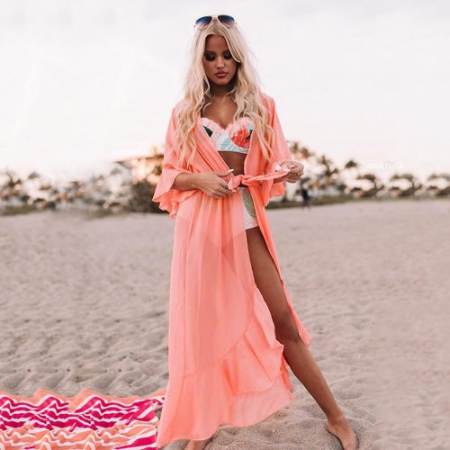 2021 Sexy See Through Bikini Cover-ups Pink Chiffon Tunic Long Kimono Women Summer Wrap Dress Beach Wear Swimsuit Cover Up Q1256