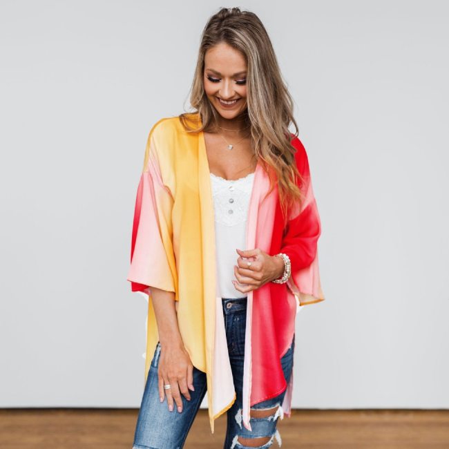 2021 Boho Tie Dye 3/4 Sleeve Front Open Short Kimono Plus Size Vintage Summer Clothing For Women Tops and Blouses Shirts A823