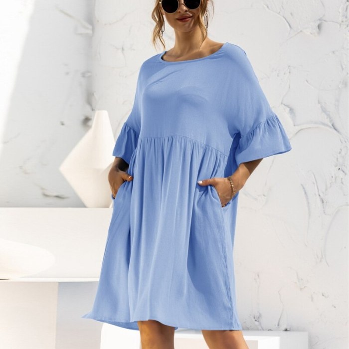 Summer O-Neck Flare Sleeve Loose Dress Women Solid Color Casual High Waist Pockets Elegant Sweet Party Dress