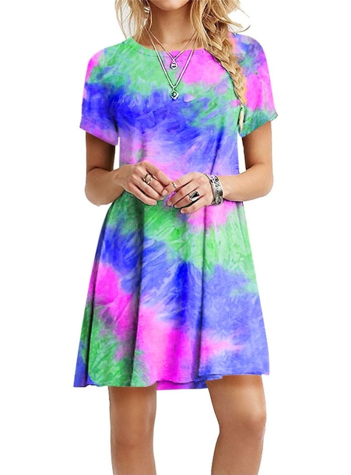 Plus Size S-5XL Gradient Print Women Dress Sundress New 2021 Short Sleeve Rainbow Tie-Dye Loose Casual Party Mini Dress Vestidos
