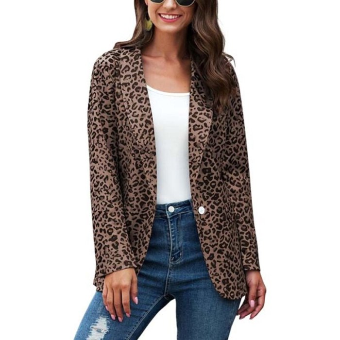 Women Autumn Lapel Blazer Jacket Vintage Leopard Print One Button Business Coat 2020 Office Lady Casual Long Sleeve Slim Outwear